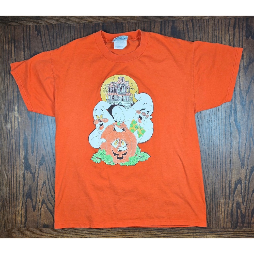 Vintage Basic Editions Halloween T-shirt Orange Ghosts Pumpkin Haunted House M